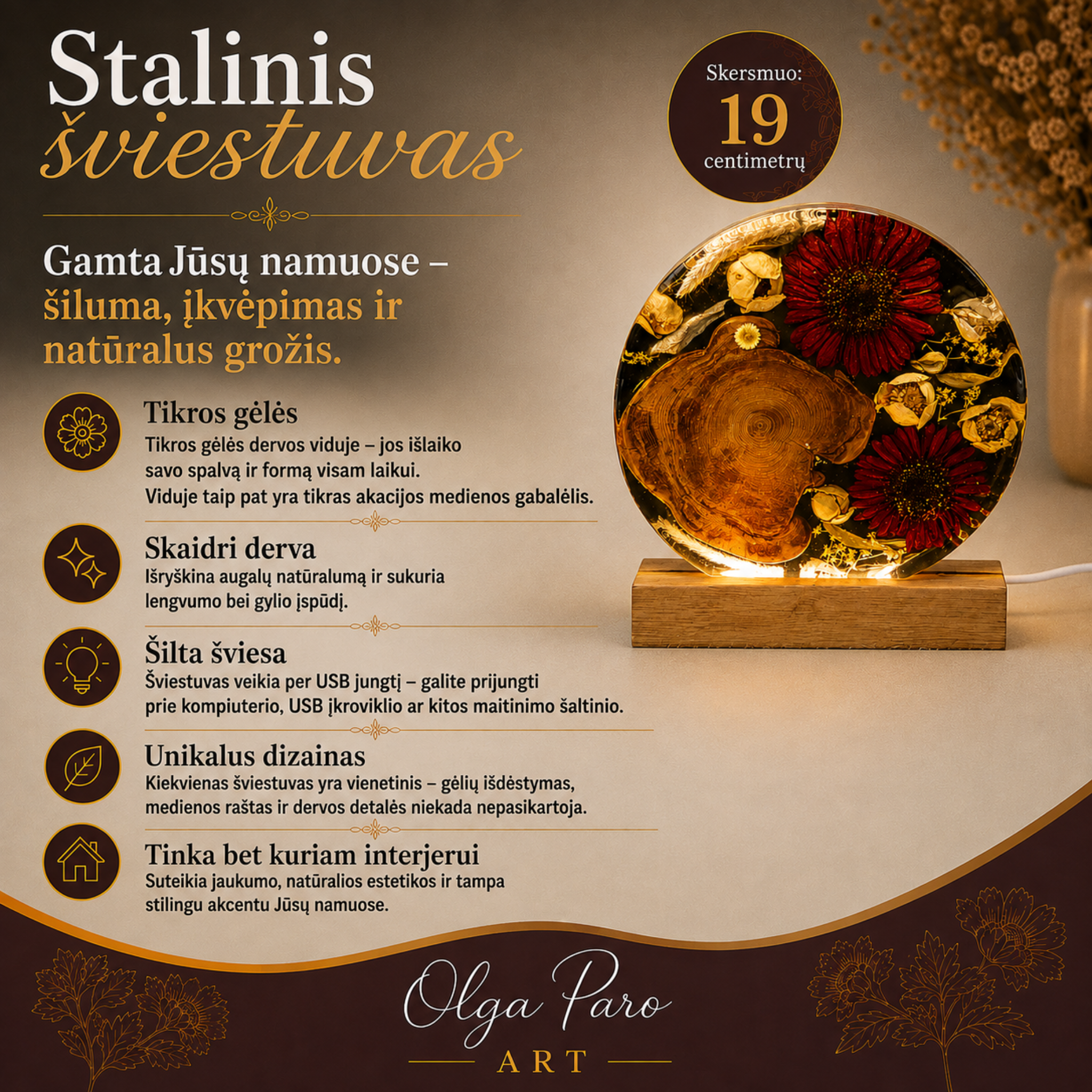 Rankų darbo šviestuvas „Gėlės šviesoje“